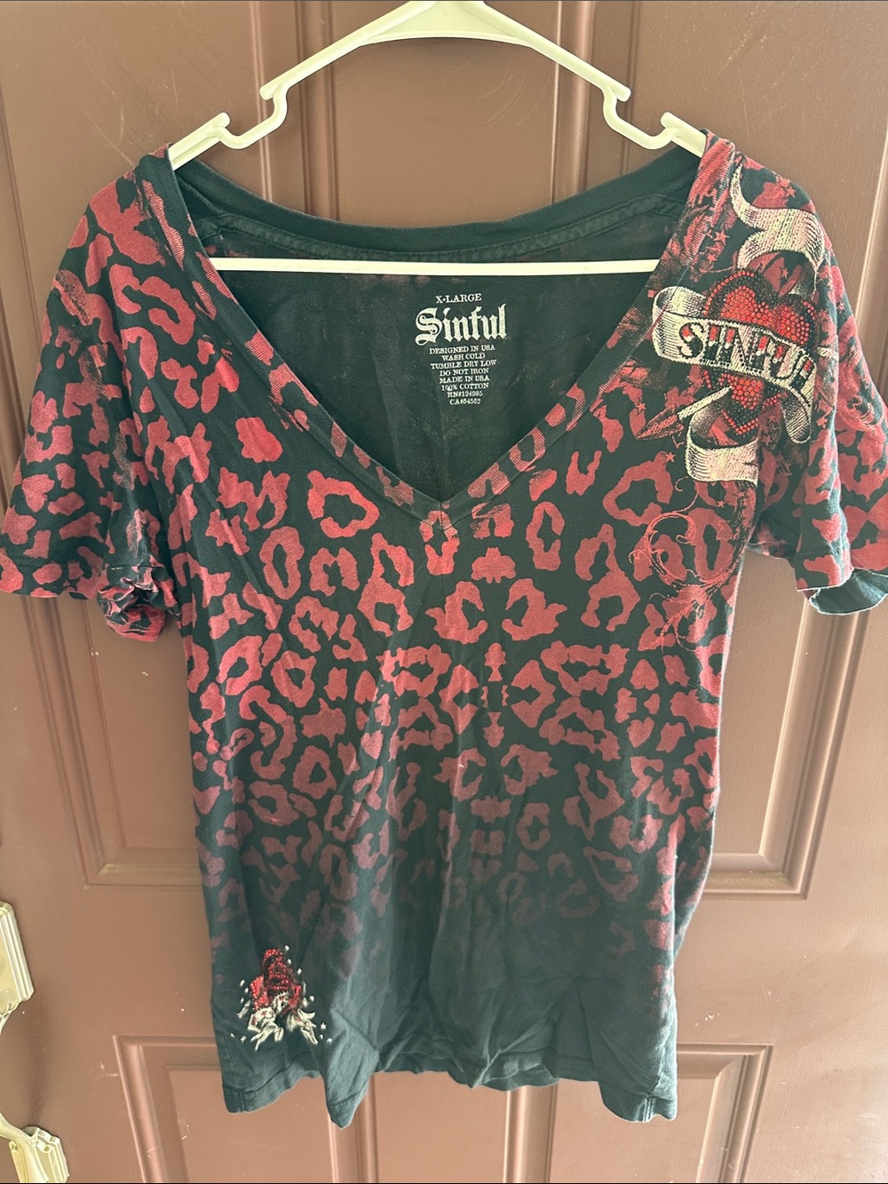 Sinful Black Tee with Red Leopard Print and Embellished Heart